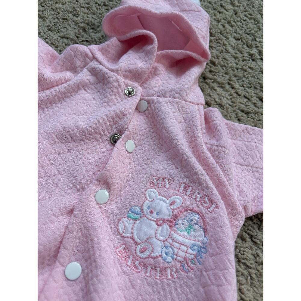 Vintage Kids 0-3 Pink Babys First Easter Outfit Embroidered Cute Ears And Tail